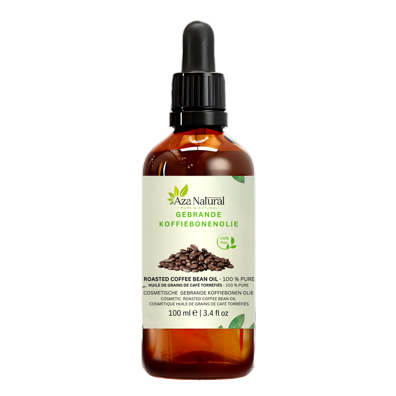 Kaffeebohnenöl 100 ml von Aza Natural, dunkles Glas mit Pipette, Etikett mit gerösteten Kaffeebohnen