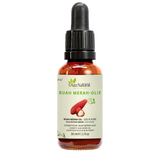 Flasche Buah-Merah-Öl von Aza Natural, 30 ml, dunkles Glas mit Pipette und ein Etikett mit einer roten Buah-Merah-Frucht