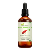 Buah-Merah-Öl 100 ml von Aza Natural, Flasche aus dunklem Glas mit Pipette, das orangerote Öl durch das Glas sichtbar