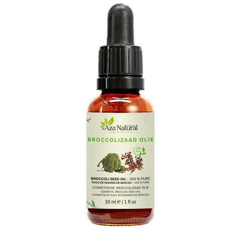 Fles broccolizaad olie van Aza Natural, 30 ml, donker glas met pipet en een etiket met een broccoliroosje en zaadjes