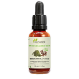 Flacon d’huile de brocoli Aza Natural, 30 ml, verre foncé avec pipette, étiquette avec un fleuron de brocoli et des graines