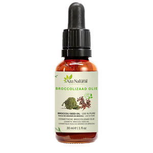 Fles broccolizaad olie van Aza Natural, 30 ml, donker glas met pipet en een etiket met een broccoliroosje en zaadjes