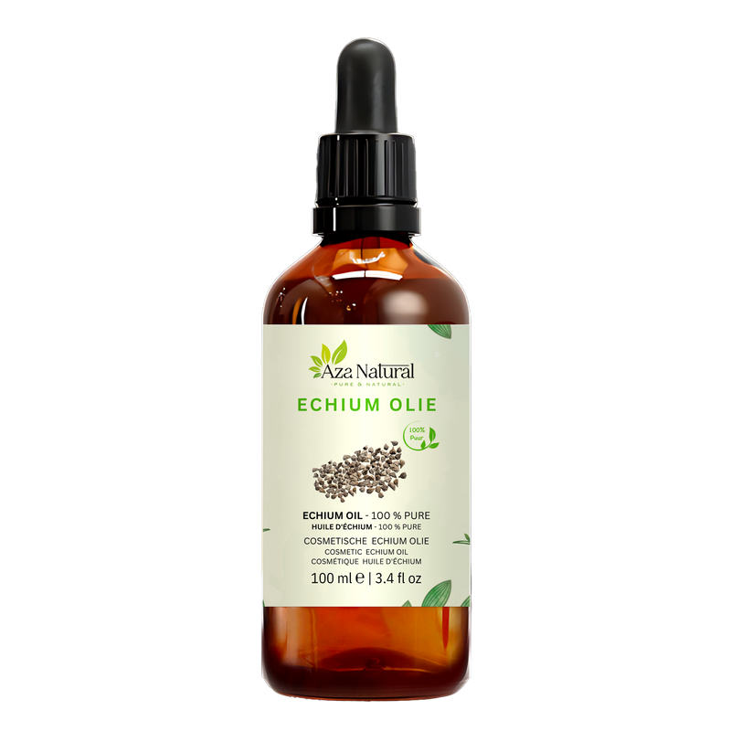 Echiumöl 100 ml von Aza Natural, Flasche aus dunklem Glas mit Pipette und ein Etikett mit einem Häufchen dunkler Echiumsamen