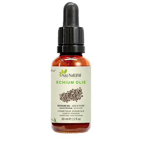 Fles echiumolie van Aza Natural, 30 ml, donker glas met pipet en een etiket met een hoopje donkere echiumzaadjes