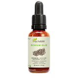 Fles echiumolie van Aza Natural, 30 ml, donker glas met pipet en een etiket met een hoopje donkere echiumzaadjes