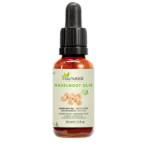 Fles hazelnootolie van Aza Natural, 30 ml, donker glas met pipet en een etiket met gepelde hazelnoten