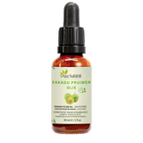 Fles kakadu pruimenolie van Aza Natural, 30 ml, donker glas met pipet en een etiket met twee groene kakadupruimen