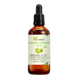 Fles kakadu pruimenolie van Aza Natural, 100 ml, donker glas met pipet en een etiket met twee groene kakadupruimen