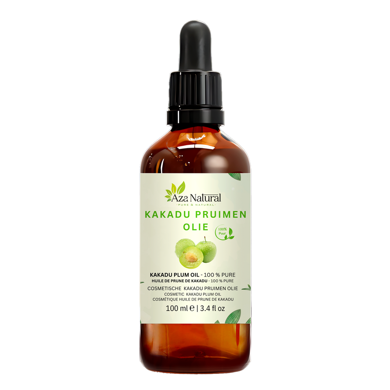 Flasche Kakadupflaumenöl von Aza Natural, 100 ml, dunkles Glas mit Pipette und ein Etikett mit zwei grünen Kakadupflaumen