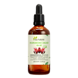Flacon d’huile de harakeke Aza Natural, 100 ml, verre foncé avec pipette, étiquette avec des fleurs de harakeke rouges