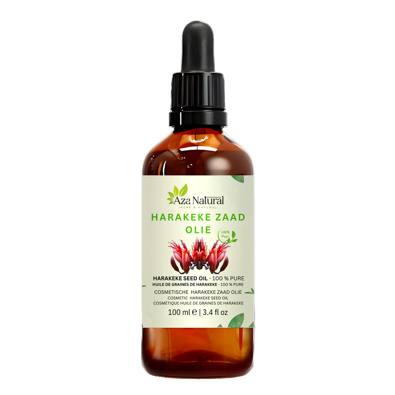 Flasche Harakeke-Samenöl von Aza Natural, 100 ml, dunkles Glas mit Pipette und ein Etikett mit roten Harakekeblüten