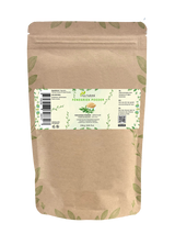 Sachet de poudre de fenugrec Aza Natural, 250 g, papier kraft avec zip et une étiquette avec un bol de poudre brun-jaune
