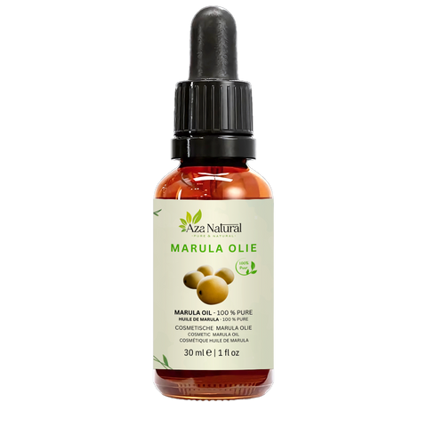 Flacon d’huile de marula Aza Natural, 30 ml, verre foncé avec pipette et une étiquette avec quatre fruits de marula jaunes