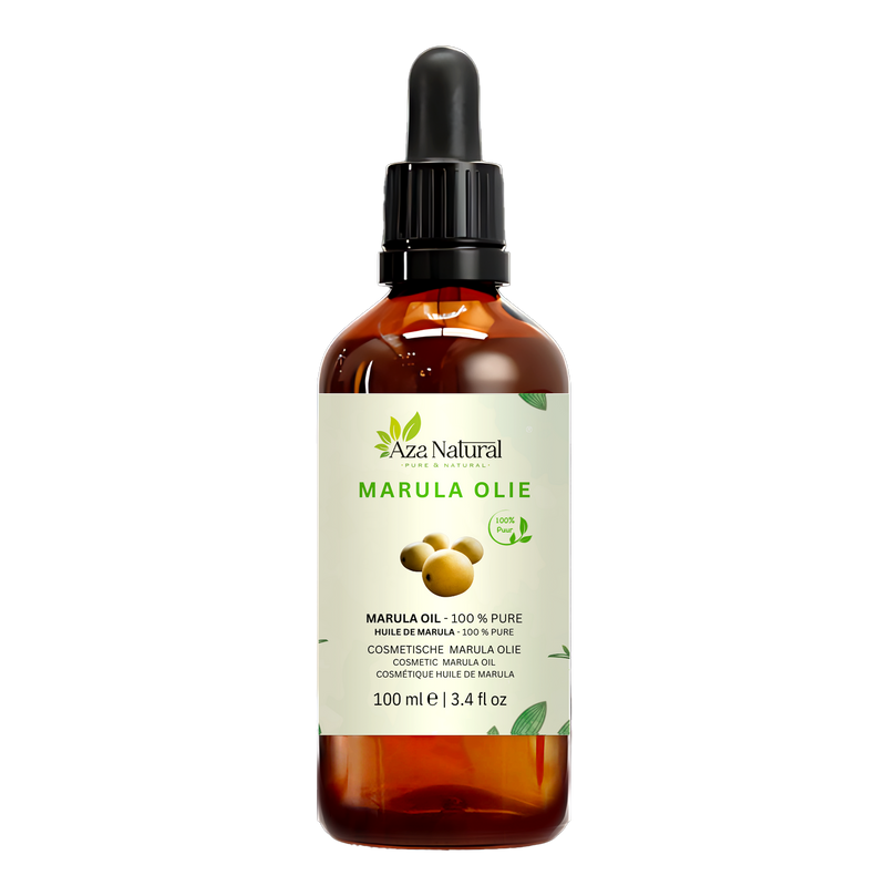Marulaöl 100 ml von Aza Natural, Flasche aus dunklem Glas mit Pipette und ein Etikett mit vier gelben Marulafrüchten