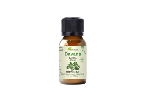 Flesje davana olie van Aza Natural, 10 ml, bruin glas met zwarte dop en een etiket met een tekening van een groen kruidtakje