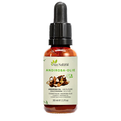 Flacon d’huile d’andiroba Aza Natural, 30 ml, verre foncé avec pipette et une étiquette avec des graines d’andiroba brunes