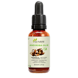 Fles krappa olie (andiroba olie) van Aza Natural, 30 ml, donker glas met pipet en een etiket met bruine andirobazaden