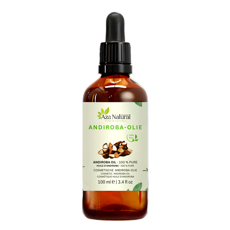 Flasche Krappaöl (Andirobaöl) von Aza Natural, 100 ml, dunkles Glas mit Pipette und ein Etikett mit braunen Andirobasamen