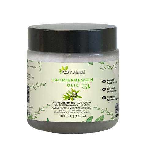 Huile de baies de laurier 100 ml Aza Natural, pot en verre à couvercle noir, étiquette avec un rameau de laurier et ses baies