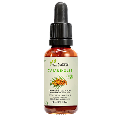 Flacon d’huile de caiaue Aza Natural, 30 ml, verre foncé avec pipette, étiquette avec une grappe de fruits de palmier orange