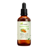 Caiaue-olie 100 ml van Aza Natural, fles van donker glas met pipet en een etiket met oranje palmvruchtjes aan een palmblad