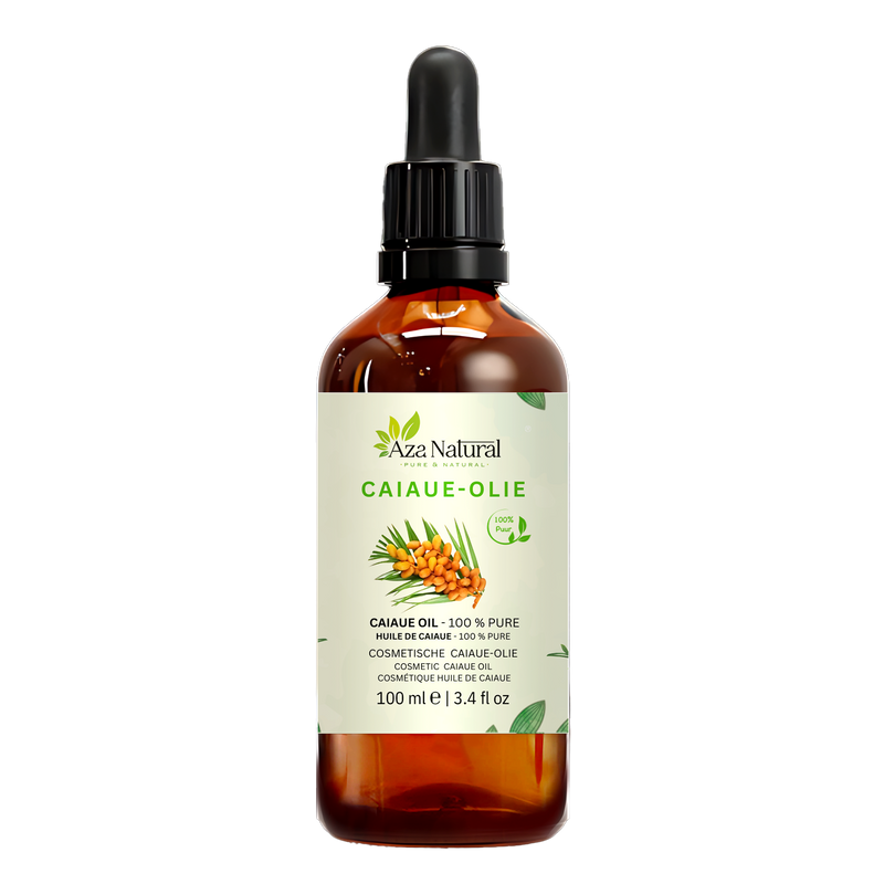 Caiaue-Öl 100 ml von Aza Natural, Flasche aus dunklem Glas mit Pipette, Etikett mit orangen Palmfrüchten an einem Palmblatt