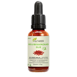 Fles gojibessenzaad olie van Aza Natural, 30 ml, donker glas met pipet en een etiket met gedroogde gojibessen