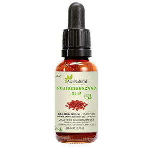 Fles gojibessenzaad olie van Aza Natural, 30 ml, donker glas met pipet en een etiket met gedroogde gojibessen