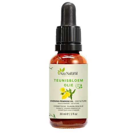 Fles teunisbloem olie van Aza Natural, 30 ml, donker glas met pipet en een etiket met gele teunisbloemen