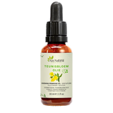 Fles teunisbloem olie van Aza Natural, 30 ml, donker glas met pipet en een etiket met gele teunisbloemen