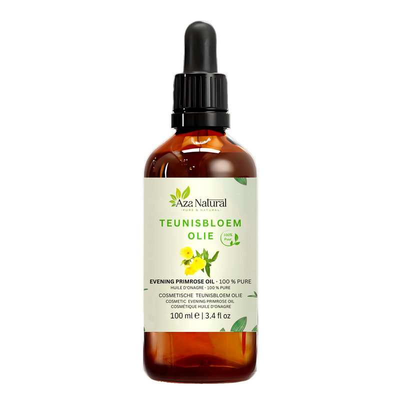 Teunisbloem olie 100 ml van Aza Natural, fles van donker glas met pipet en een etiket met gele teunisbloemen