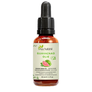 Fles guavazaad olie van Aza Natural, 30 ml, donker glas met pipet en een etiket met een halve en een hele guave