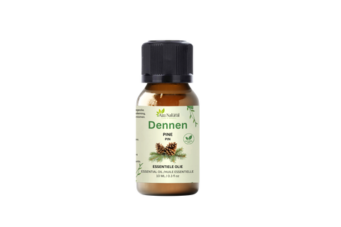 Flesje dennen olie van Aza Natural, 10 ml, bruin glas met zwarte dop en een etiket met dennenappels