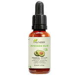Fles avocado olie van Aza Natural, 30 ml, donker glas met pipet en een etiket met een hele en een gehalveerde avocado