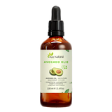 Avocado olie 100 ml van Aza Natural, fles van donker glas met pipet en een etiket met een hele en een gehalveerde avocado