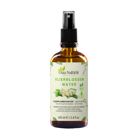Fläschchen Holunderblütenwasser von Aza Natural, 100 ml, braunes Glas mit Sprühkopf und ein Etikett mit Holunderblüten