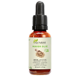 Fles haverolie van Aza Natural, 30 ml, donker glas met pipet en een etiket met een houten schepje havervlokken