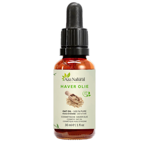 Fles haverolie van Aza Natural, 30 ml, donker glas met pipet en een etiket met een houten schepje havervlokken