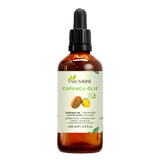Cupuaçu olie 100 ml van Aza Natural, fles van donker glas met pipet en een etiket met een bruine cupuaçuvrucht