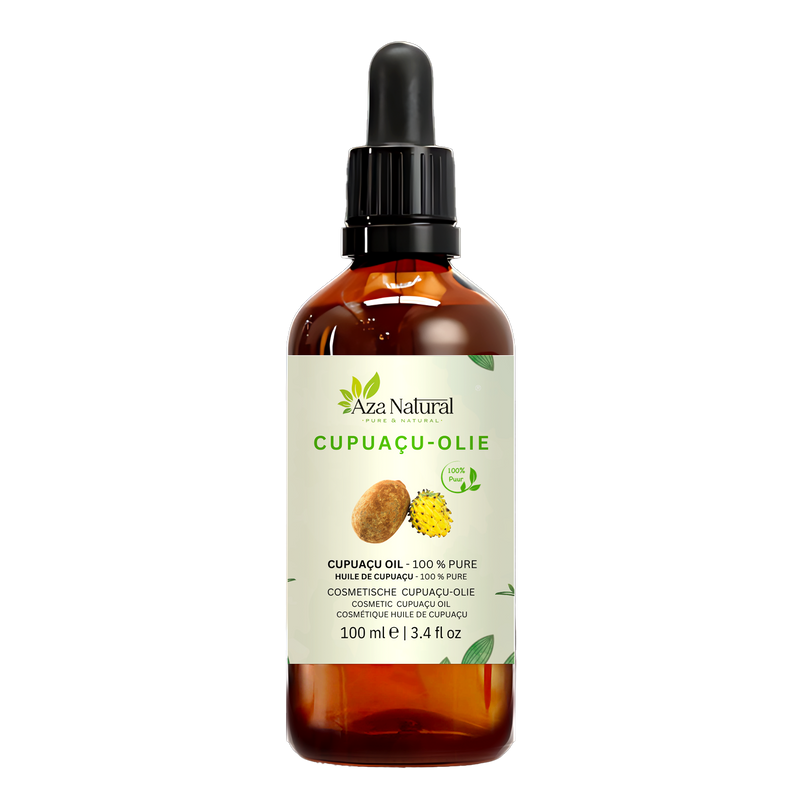 Cupuaçuöl 100 ml von Aza Natural, Flasche aus dunklem Glas mit Pipette und ein Etikett mit einer braunen Cupuaçufrucht