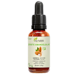 Fles zoete amandelolie van Aza Natural, 30 ml, donker glas met pipet en een etiket met drie amandelen en een groen blaadje
