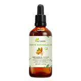 Zoete amandelolie 100 ml van Aza Natural, fles van donker glas met pipet en een etiket met amandelen, één gehalveerd