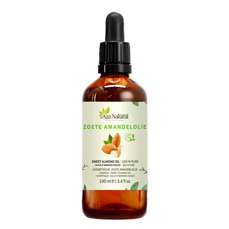 Süßes Mandelöl 100 ml von Aza Natural, Flasche aus dunklem Glas mit Pipette und ein Etikett mit Mandeln, eine davon halbiert