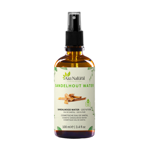 Fläschchen Sandelholzwasser von Aza Natural, 100 ml, braunes Glas mit Sprühkopf und ein Etikett mit gezeichneten Holzspänen