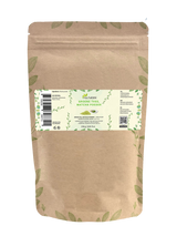 Grünteepulver (Matcha) von Aza Natural, Beutel von 250 g mit Zip und ein Etikett mit grünem Pulver