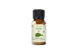 Flacon d’huile essentielle d’aneth d’Aza Natural, 10 ml, verre brun, bouchon noir, étiquette avec une botte d’aneth vert