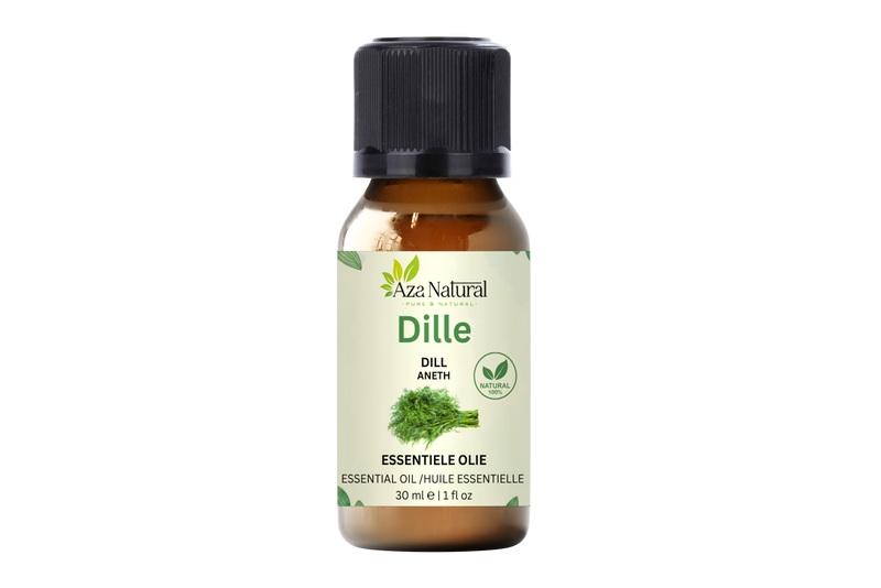 Dillöl 30 ml von Aza Natural, Fläschchen aus braunem Glas mit schwarzem Deckel und einem Etikett mit grünem Dill