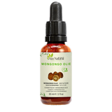 Flacon d’huile de mongongo Aza Natural, 30 ml, verre foncé avec pipette et une étiquette avec des noix de mongongo
