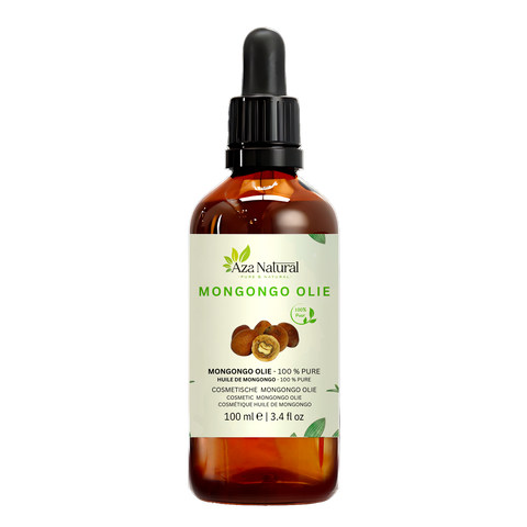 Huile de mongongo 100 ml Aza Natural, flacon en verre foncé avec pipette et une étiquette avec des noix de mongongo