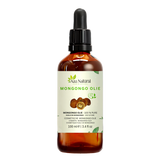 Huile de mongongo 100 ml Aza Natural, flacon en verre foncé avec pipette et une étiquette avec des noix de mongongo